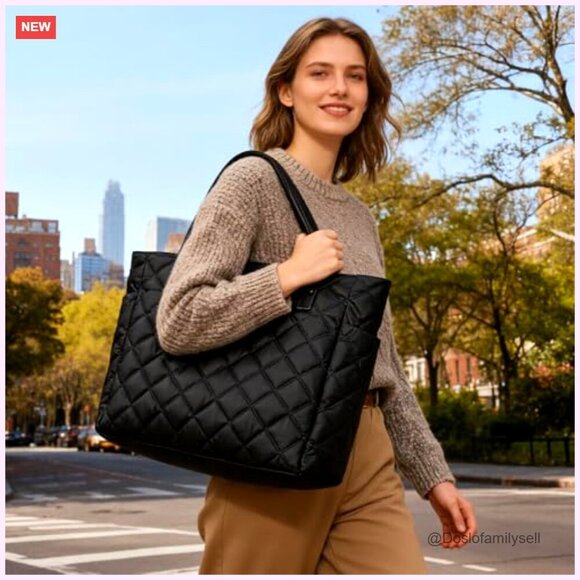 womens lightweight multi compartment quilted foam tote bag  Lightweight Quilted Tote Bag with Zipper, Multiple Compartments for Work Travel